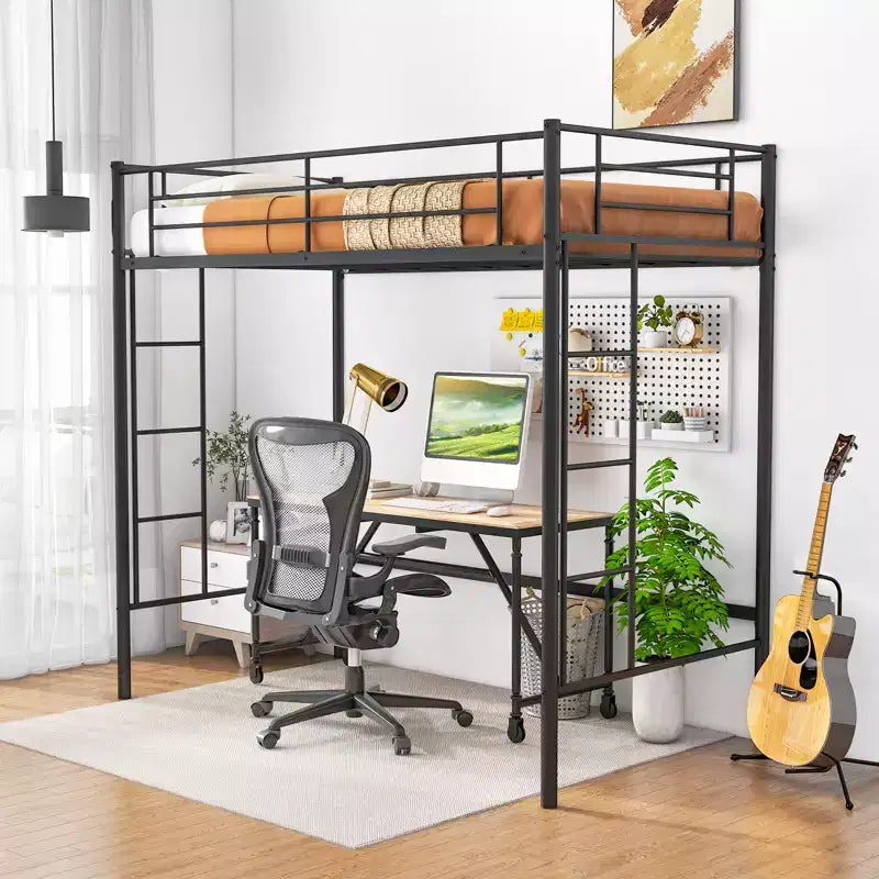 Costway Twin Size Loft Bed Heavy Duty Metal Loft Bed Frame with Safety Guardrail Silver/White/Black