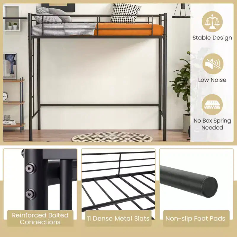 Costway Twin Size Loft Bed Heavy Duty Metal Loft Bed Frame with Safety Guardrail Silver/White/Black
