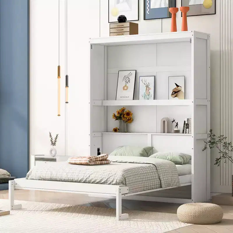 Full/Queen Size Murphy Bed with Shelves, White/Gray, 4A -ModernLuxe
