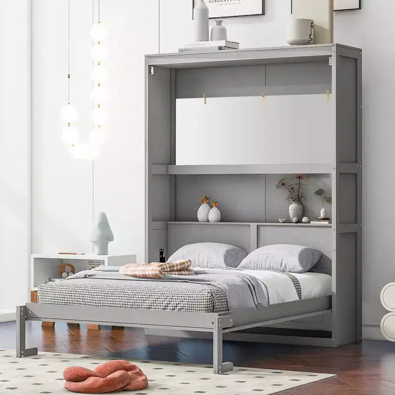 Lit escamotable grand lit/deux places avec étagères, blanc/gris, 4A - ModernLuxe