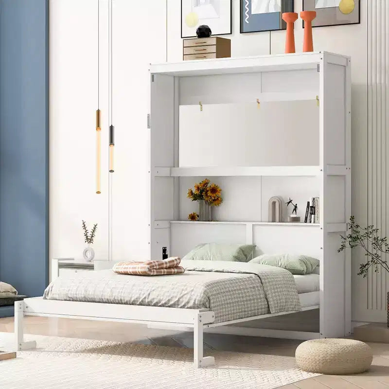 Lit escamotable grand lit/deux places avec étagères, blanc/gris, 4A - ModernLuxe