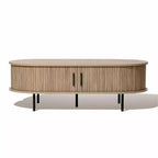 LuxenHome Oval Coffee Table with Storage, 47 Mid Century Modern Fluted Storage Center Table with Sliding Door for Home, Living Room,Office Brown