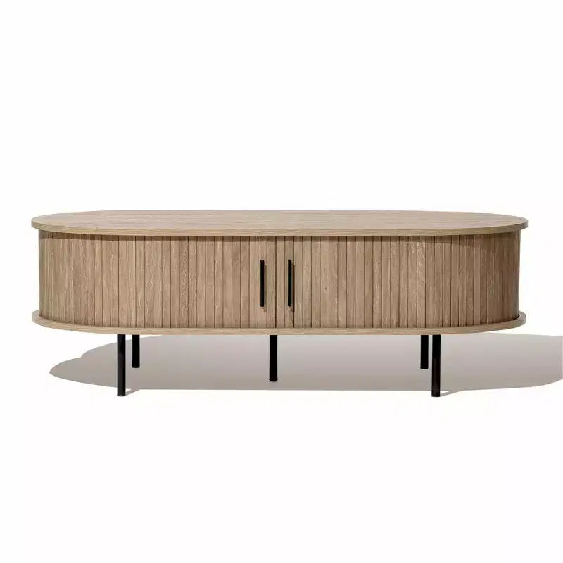 LuxenHome Oval Coffee Table with Storage, 47 Mid Century Modern Fluted Storage Center Table with Sliding Door for Home, Living Room,Office Brown