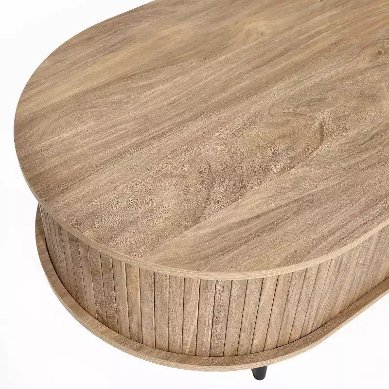LuxenHome Table basse ovale avec rangement, table basse cannelée moderne du milieu du siècle de 47 po avec porte coulissante pour la maison, le salon, le bureau, marron