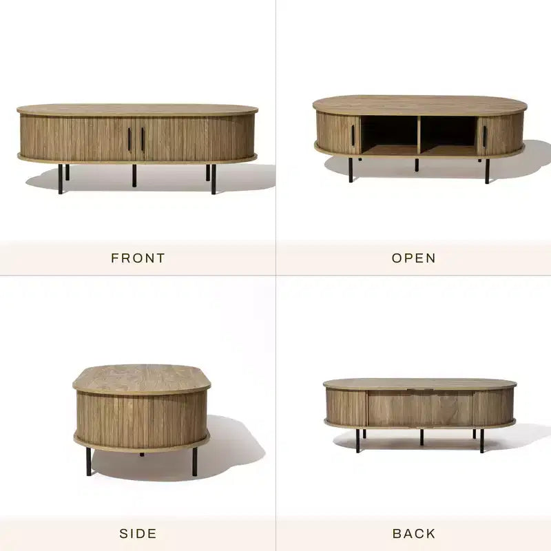LuxenHome Table basse ovale avec rangement, table basse cannelée moderne du milieu du siècle de 47 po avec porte coulissante pour la maison, le salon, le bureau, marron