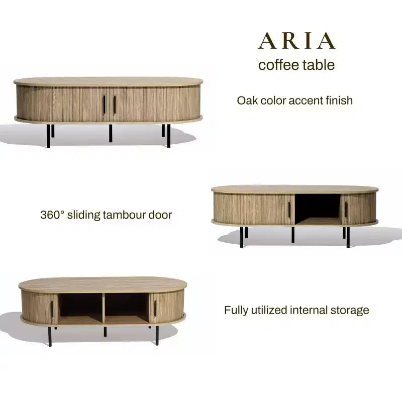 LuxenHome Table basse ovale avec rangement, table basse cannelée moderne du milieu du siècle de 47 po avec porte coulissante pour la maison, le salon, le bureau, marron