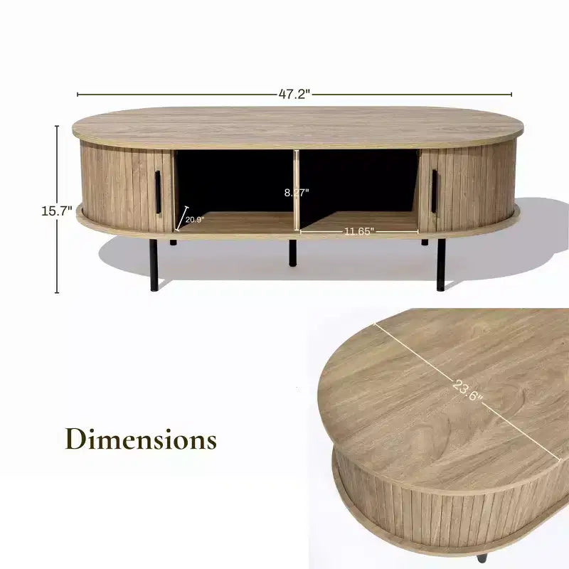 LuxenHome Table basse ovale avec rangement, table basse cannelée moderne du milieu du siècle de 47 po avec porte coulissante pour la maison, le salon, le bureau, marron