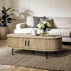 LuxenHome Table basse ovale avec rangement, table basse cannelée moderne du milieu du siècle de 47 po avec porte coulissante pour la maison, le salon, le bureau, marron