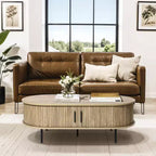 LuxenHome Table basse ovale avec rangement, table basse cannelée moderne du milieu du siècle de 47 po avec porte coulissante pour la maison, le salon, le bureau, marron