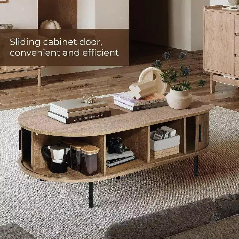 LuxenHome Table basse ovale avec rangement, table basse cannelée moderne du milieu du siècle de 47 po avec porte coulissante pour la maison, le salon, le bureau, marron