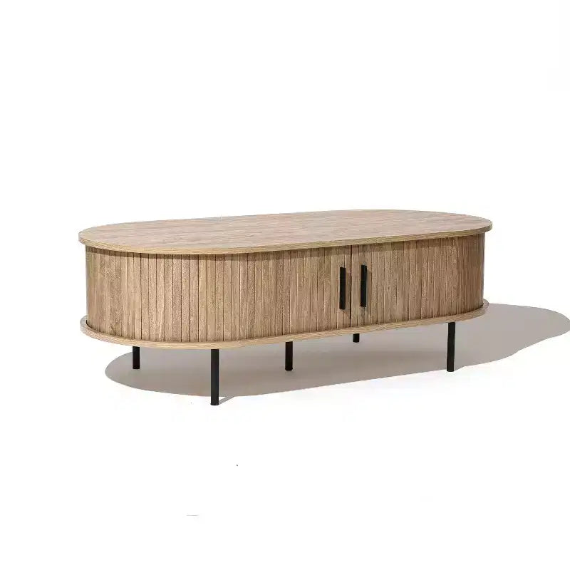 LuxenHome Table basse ovale avec rangement, table basse cannelée moderne du milieu du siècle de 47 po avec porte coulissante pour la maison, le salon, le bureau, marron