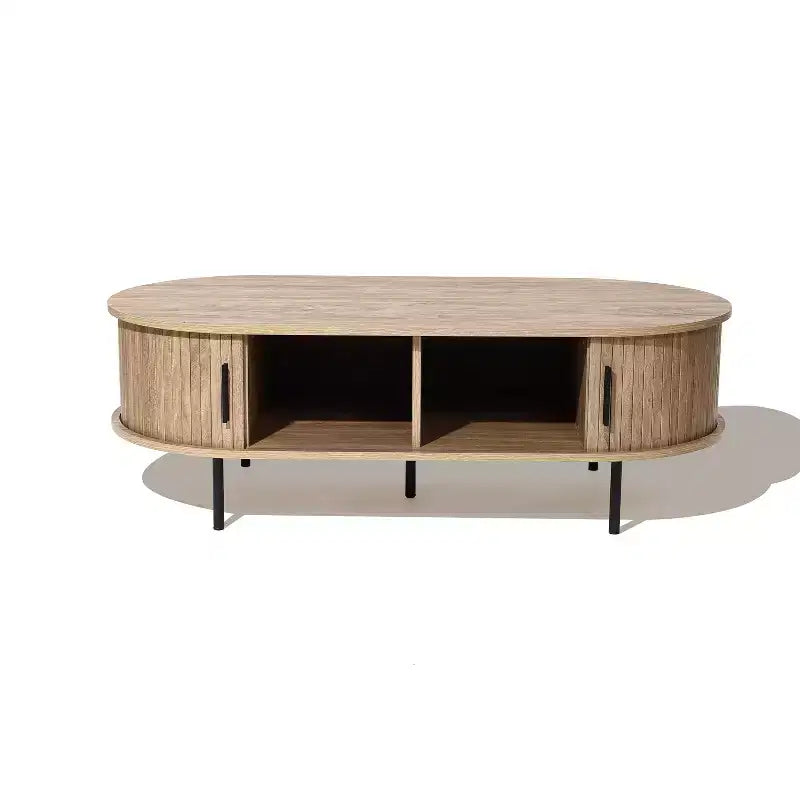 LuxenHome Table basse ovale avec rangement, table basse cannelée moderne du milieu du siècle de 47 po avec porte coulissante pour la maison, le salon, le bureau, marron