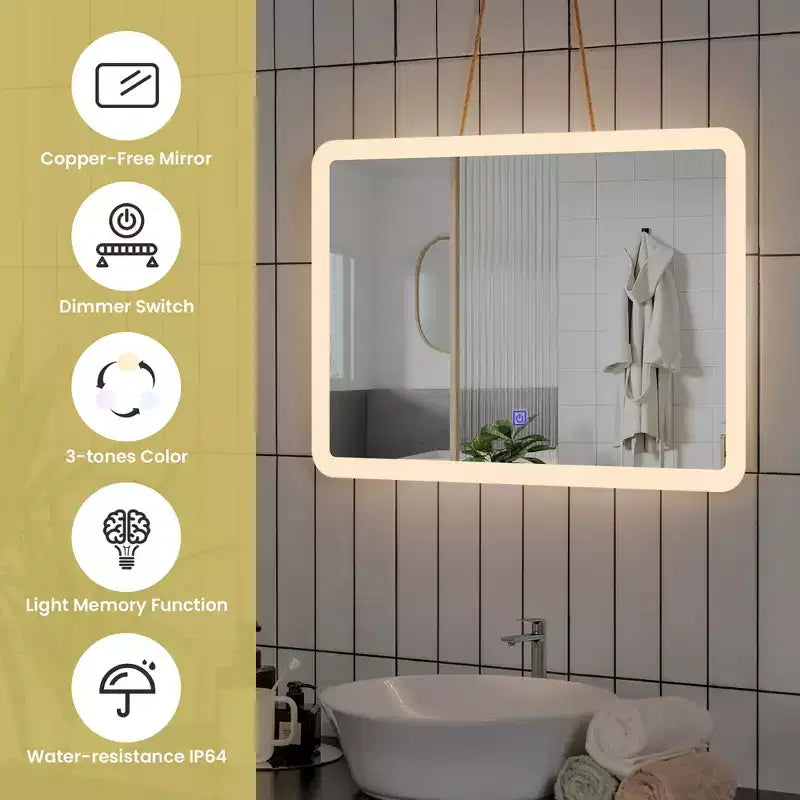 Miroir LED de salle de bain rectangulaire Costway mural, tactile, à intensité variable, 3 couleurs, sans cadre