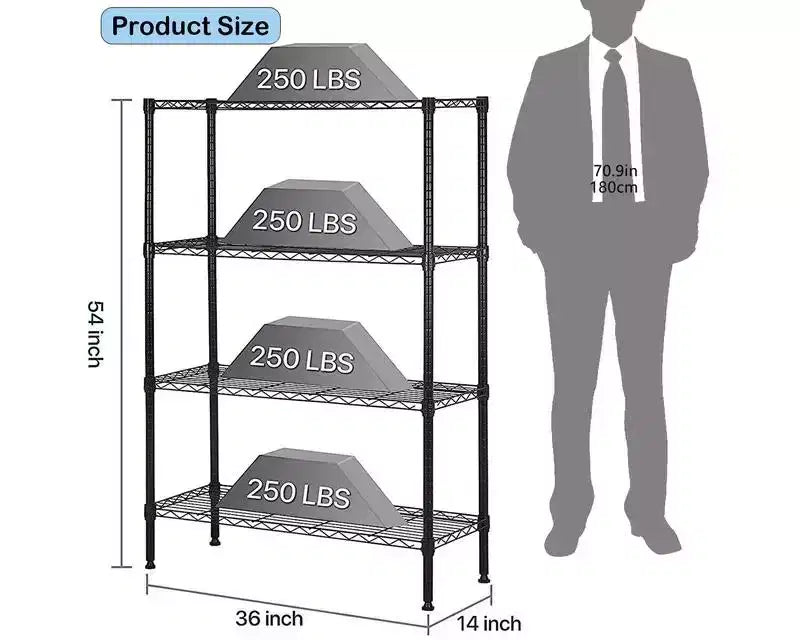 Étagère métallique à 4 niveaux, rack de stockage en acier 36x14x54 pouces, capacité 1000 livres, finition chromée