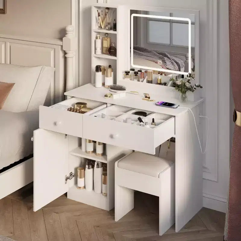 35,4 W Coiffeuse élégante avec 2 grands tiroirs et chaise, miroir de coiffeuse avec lumière LED 3 couleurs pour le maquillage, blanc 4 W - ModernLuxe