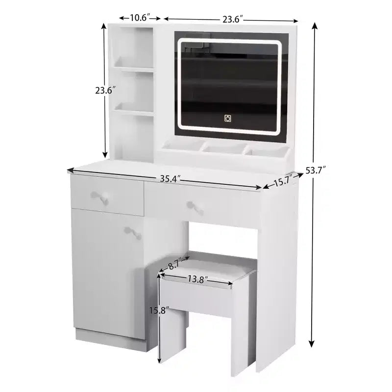35,4 W Coiffeuse élégante avec 2 grands tiroirs et chaise, miroir de coiffeuse avec lumière LED 3 couleurs pour le maquillage, blanc 4 W - ModernLuxe