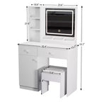 35,4 W Coiffeuse élégante avec 2 grands tiroirs et chaise, miroir de coiffeuse avec lumière LED 3 couleurs pour le maquillage, blanc 4 W - ModernLuxe