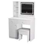 35,4 W Coiffeuse élégante avec 2 grands tiroirs et chaise, miroir de coiffeuse avec lumière LED 3 couleurs pour le maquillage, blanc 4 W - ModernLuxe
