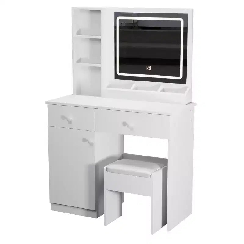 35,4 W Coiffeuse élégante avec 2 grands tiroirs et chaise, miroir de coiffeuse avec lumière LED 3 couleurs pour le maquillage, blanc 4 W - ModernLuxe