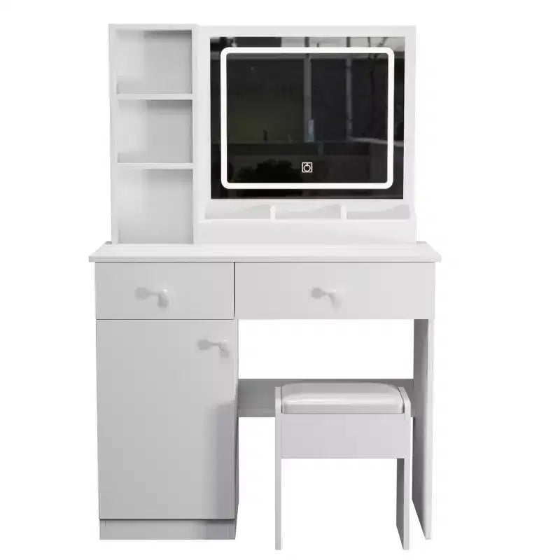 35,4 W Coiffeuse élégante avec 2 grands tiroirs et chaise, miroir de coiffeuse avec lumière LED 3 couleurs pour le maquillage, blanc 4 W - ModernLuxe