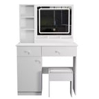35,4 W Coiffeuse élégante avec 2 grands tiroirs et chaise, miroir de coiffeuse avec lumière LED 3 couleurs pour le maquillage, blanc 4 W - ModernLuxe