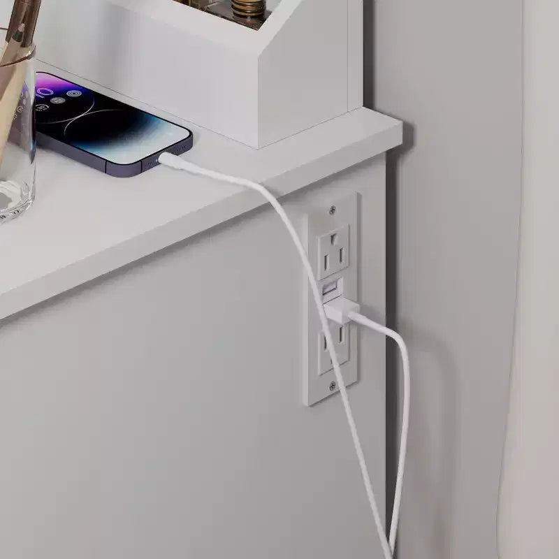 35,4 W Coiffeuse élégante avec 2 grands tiroirs et chaise, miroir de coiffeuse avec lumière LED 3 couleurs pour le maquillage, blanc 4 W - ModernLuxe