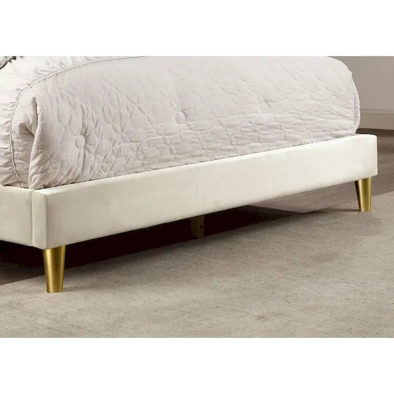 DH BASIC Glam Beige Fully Upholstered Platform Bed with Gold-tone Accents by Denhour