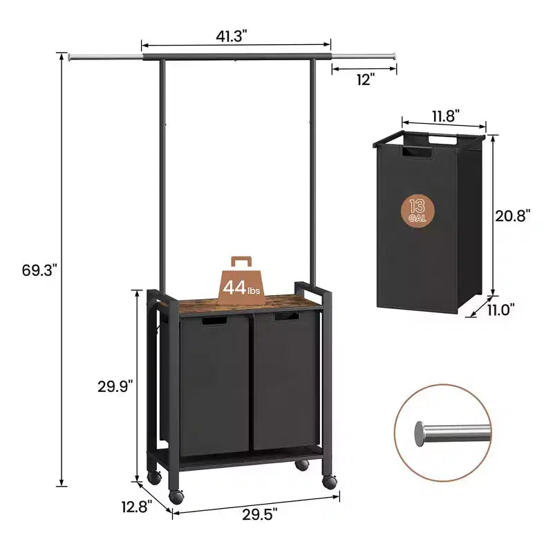Trieur à linge, Panier à linge à roulettes avec étendoir, Panier à linge à 3 compartiments avec roues, Marron rustique