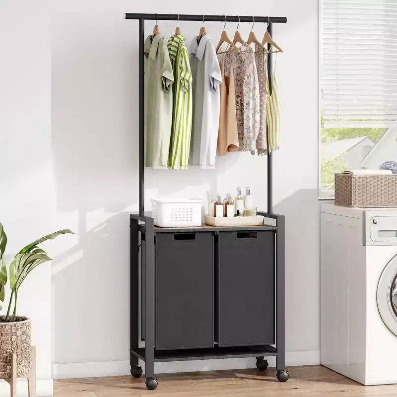 Trieur à linge, Panier à linge à roulettes avec étendoir, Panier à linge à 3 compartiments avec roues, Marron rustique