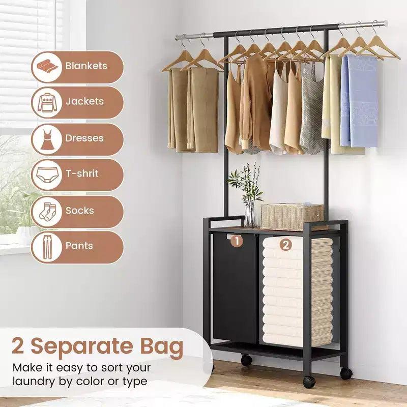 Trieur à linge, Panier à linge à roulettes avec étendoir, Panier à linge à 3 compartiments avec roues, Marron rustique