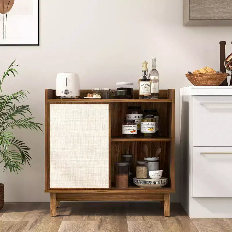 Buffet de rangement Costway en rotin avec portes coulissantes et 2 étagères réglables style ferme