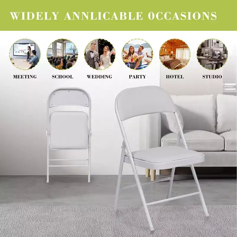 SUGIFT Lot de 4 Chaises Pliantes avec Sièges Rembourrés, Structure en Métal avec Assise et Dossier en Cuir PU, Capacité 158 kg, Blanc