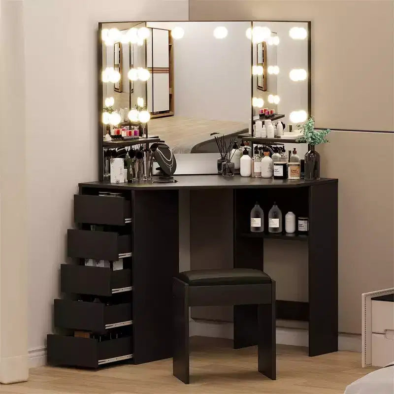 Coiffeuse d'angle avec miroir et lumières, grande table de maquillage avec prise électrique