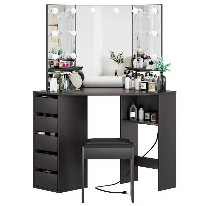 Coiffeuse d'angle avec miroir et lumières, grande table de maquillage avec prise électrique