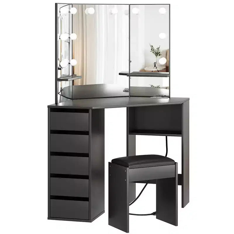 Coiffeuse d'angle avec miroir et lumières, grande table de maquillage avec prise électrique