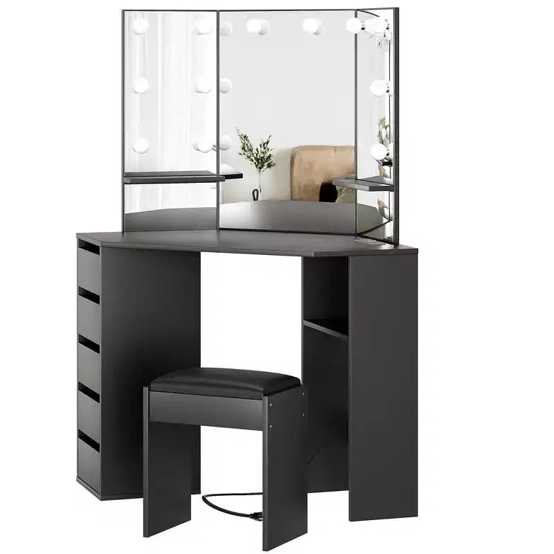 Coiffeuse d'angle avec miroir et lumières, grande table de maquillage avec prise électrique