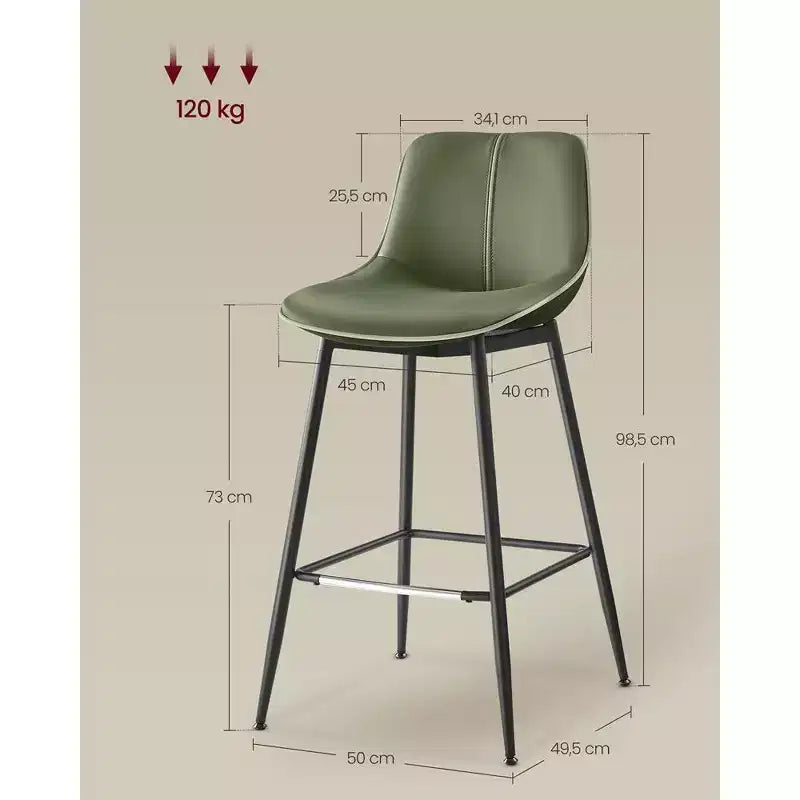 Lot de 2 tabourets de bar, tabourets de bar hauteur comptoir avec dossier, dossier ergonomique, cuir synthétique, pieds en métal