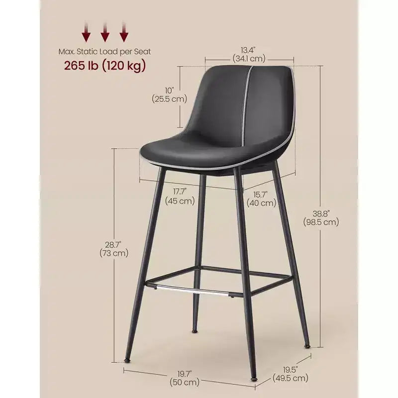 Lot de 2 tabourets de bar, tabourets de bar hauteur comptoir avec dossier, dossier ergonomique, cuir synthétique, pieds en métal