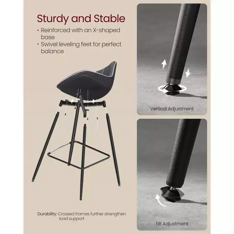 Lot de 2 tabourets de bar, tabourets de bar hauteur comptoir avec dossier, dossier ergonomique, cuir synthétique, pieds en métal