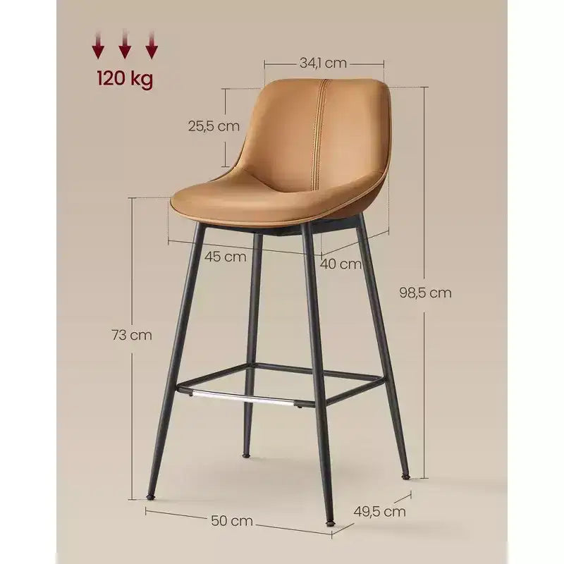 Lot de 2 tabourets de bar, tabourets de bar hauteur comptoir avec dossier, dossier ergonomique, cuir synthétique, pieds en métal