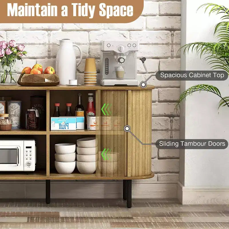 Buffet bahut Costway 47 avec portes coulissantes à tambour et étagères réglables en chêne