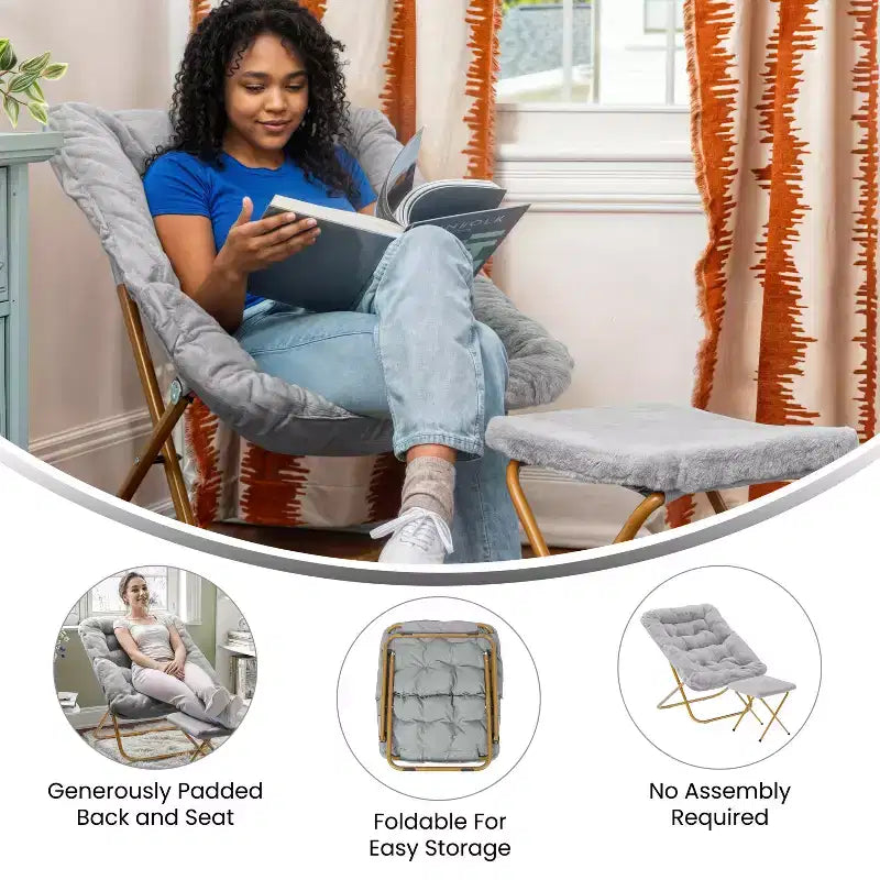Fauteuil soucoupe pliant et repose-pieds rembourrés surdimensionnés portables Flash Furniture Archer pour dortoir ou chambre à coucher