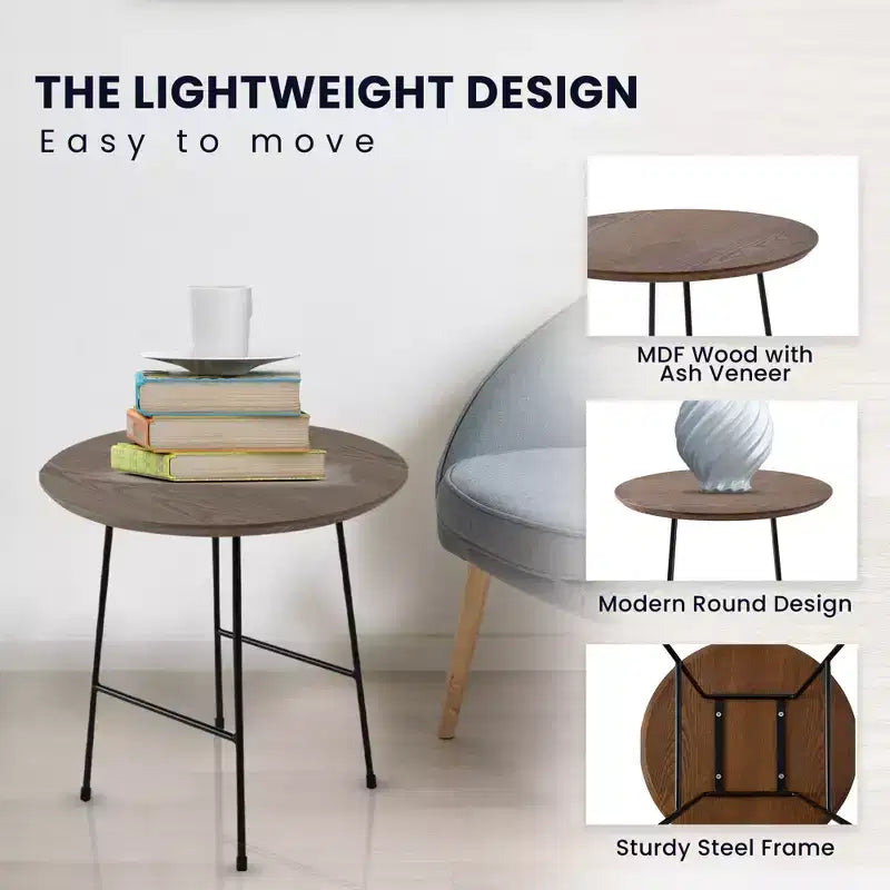 Table d'appoint ronde LeisureMod Rossmore en placage de bois - Cadre en acier noir