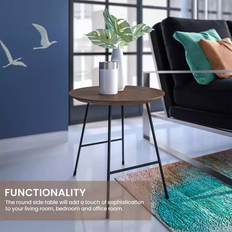 Table d'appoint ronde LeisureMod Rossmore en placage de bois - Cadre en acier noir