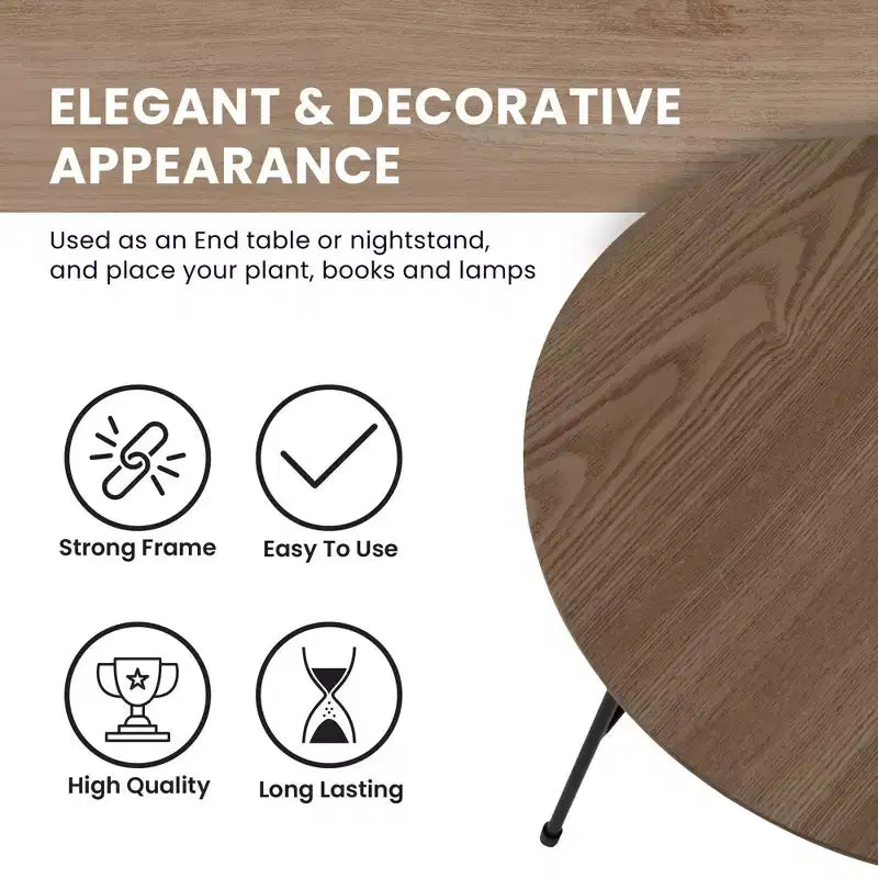 Table d'appoint ronde LeisureMod Rossmore en placage de bois - Cadre en acier noir