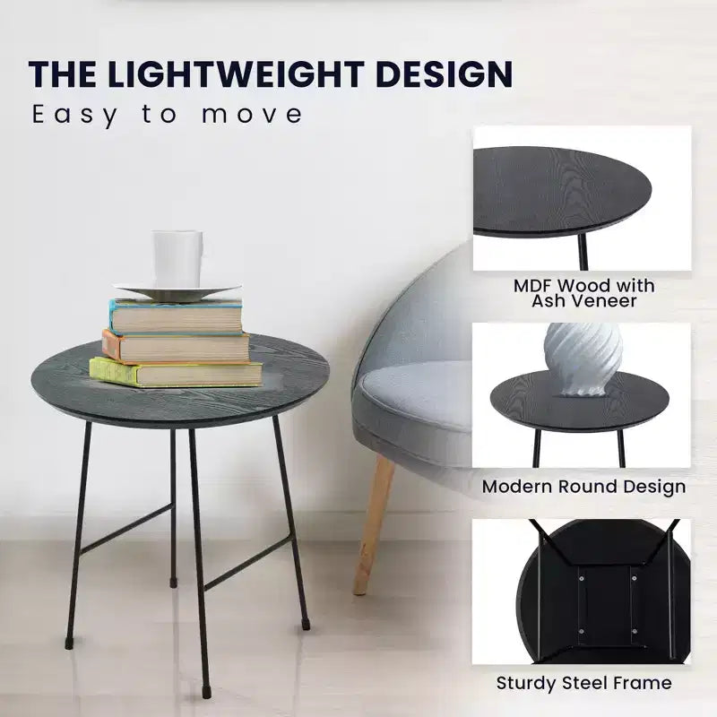 Table d'appoint ronde LeisureMod Rossmore en placage de bois - Cadre en acier noir
