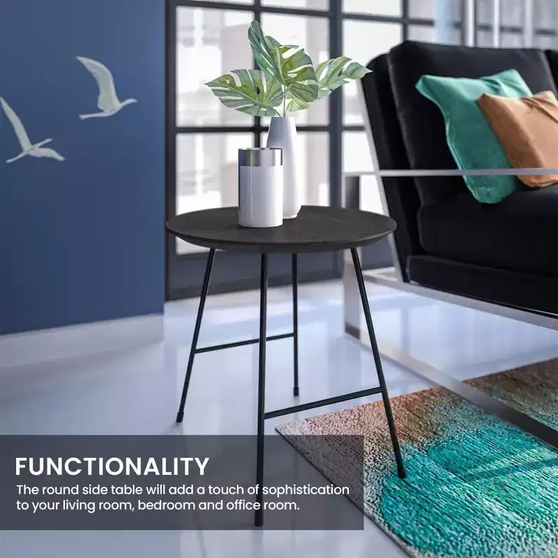 Table d'appoint ronde LeisureMod Rossmore en placage de bois - Cadre en acier noir