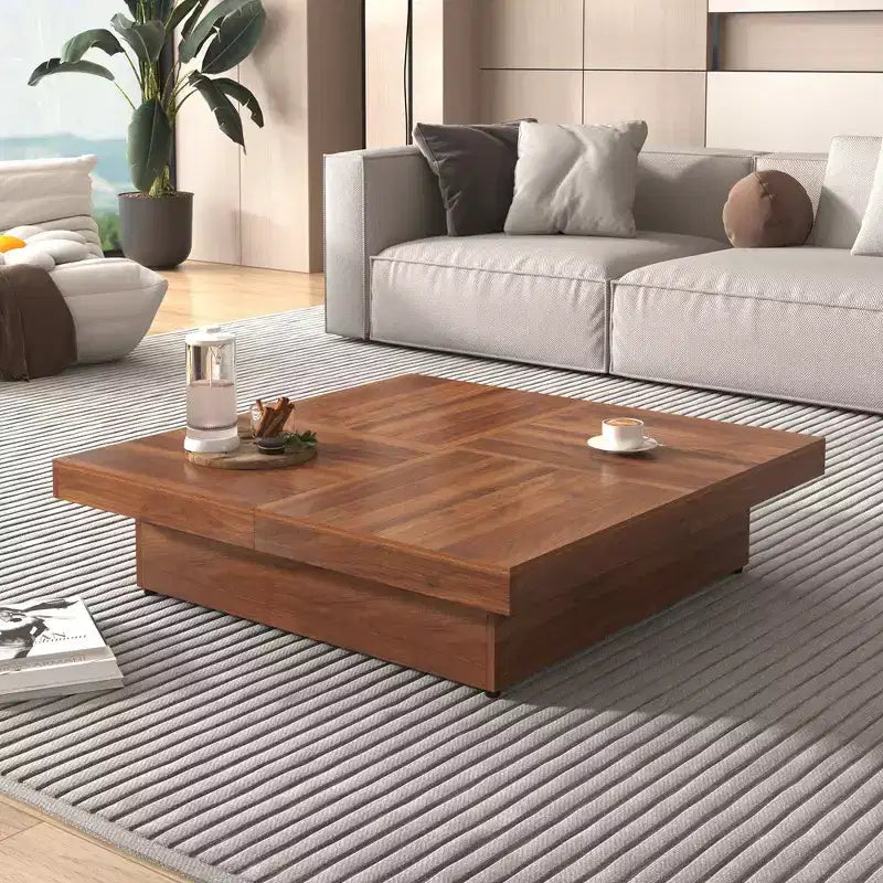 39.4 Sliding Top Coffee Table, Slide Table With 4 Storage Compartments, Farmhouse Square Marble Veneer Coffee Table
