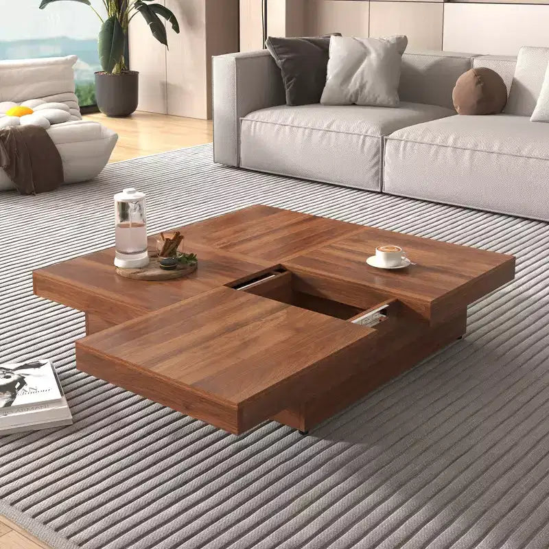 Table basse à plateau coulissant de 99,4 cm, table coulissante avec 4 compartiments de rangement, table basse carrée en placage de marbre de style ferme
