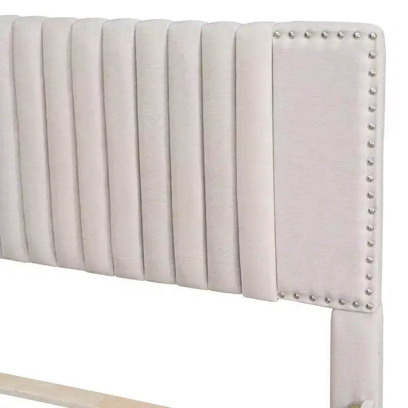 Cadre de lit plateforme en bois rembourré Queen/Full avec 2 tiroirs et 1 lit gigogne simple/simple XL Beige/Gris, 4L - ModernLuxe